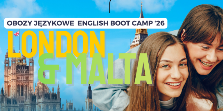 Grafika promocyjna obozu językowego – English Boot Camp Londyn i Malta 2026